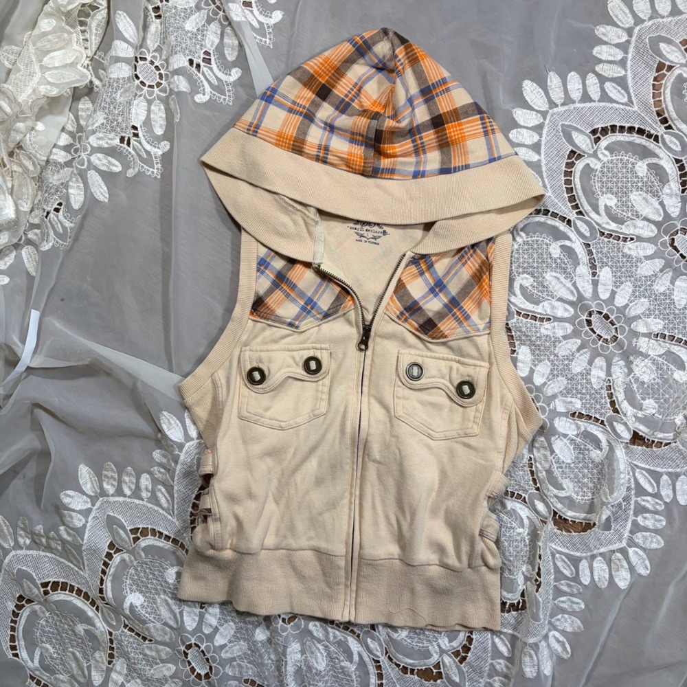 Wear It Declare It Plaid Trim Sleeveless Hoodie Vest Cream Orange Blue Large